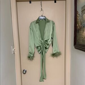 Rumours Green Satin Feather Trim Blouse